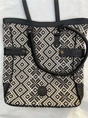 Black & White Diamond-Pattern Tote Bag with Leather Trim